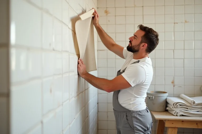 Artisan appliquant une toile de verre sur un carrelage mural dans une salle de bain en rénovation