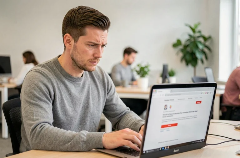 Homme assis à son bureau face à une erreur de connexion sur son ordinateur portable, illustrant un problème d'accès à une application web