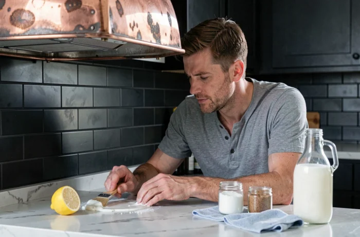 Homme appliquant une pâte nettoyante naturelle au citron sur une hotte en cuivre vintage avec les produits ménagers nécessaires sur le comptoir
