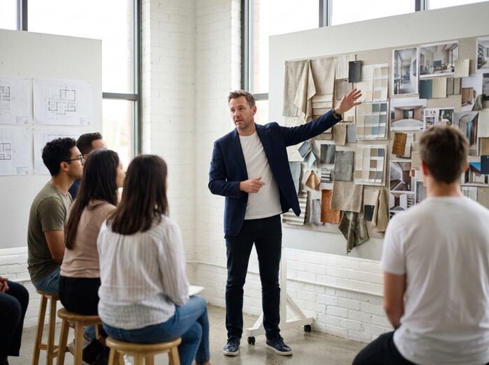 Professeur d'architecture d'intérieur présentant un tableau d'ambiance à ses étudiants dans une salle de critique pédagogique moderne