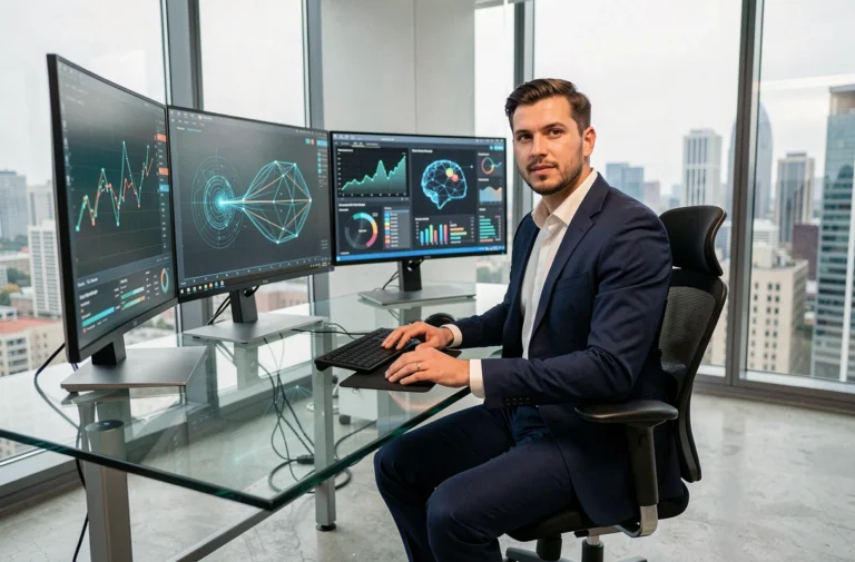 Professionnel de la blockchain et de l'intelligence artificielle travaillant sur des tableaux de bord de cryptomonnaies dans un bureau moderne