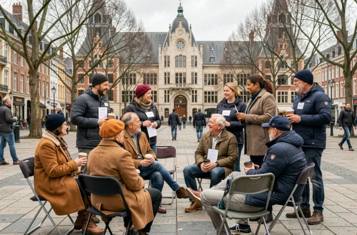 Rassemblement d'une communauté francophone dynamique sur une place publique de Bruxelles en automne