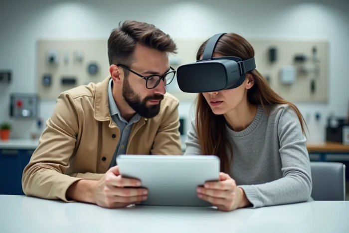 Deux jeunes professionnels testant un casque de réalité augmentée dans un laboratoire d'innovation technologique