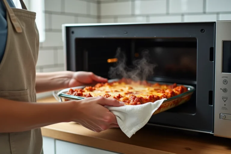 Femme plaçant un plat de lasagnes dans un micro-ondes avec une feuille de papier absorbant humide pour éviter le dessèchement