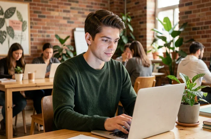 Jeune homme recherchant un emploi en ligne dans un espace de co-working, stratégies de recrutement digitales 2024