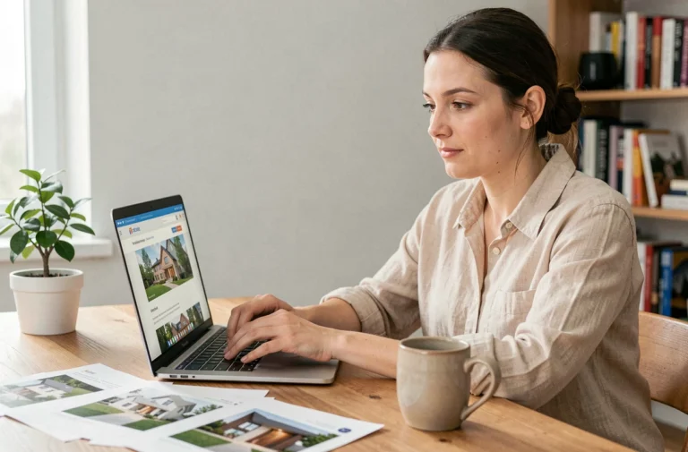 Femme recherchant une location immobilière en ligne sur son ordinateur portable dans un bureau à domicile moderne