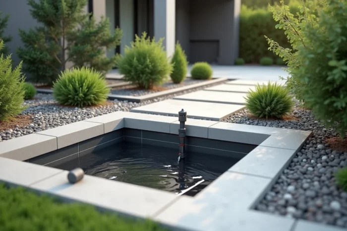 Système de récupération d'eau de pluie enterrée couplé à l'irrigation goutte-à-goutte dans un jardin moderne