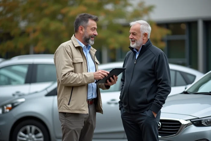 Remise de véhicule entre client et conseiller Autofantom dans un parking urbain après un service automobile