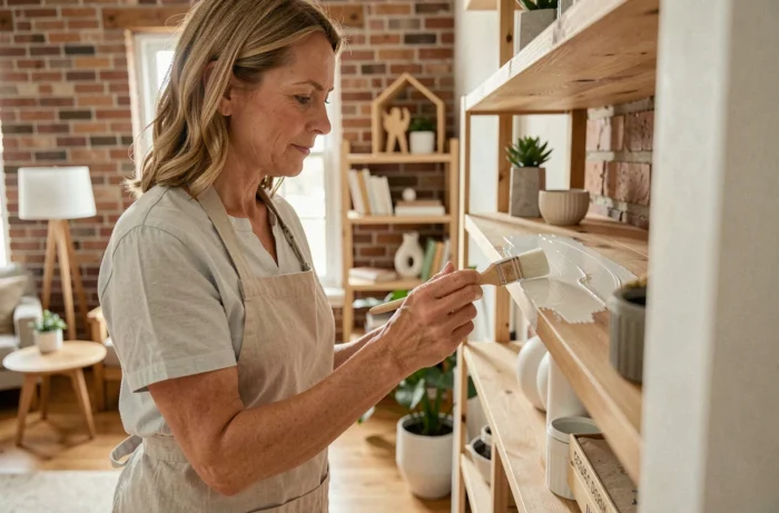 Femme appliquant de la peinture blanche sur une étagère en bois dans un salon décoré avec soin