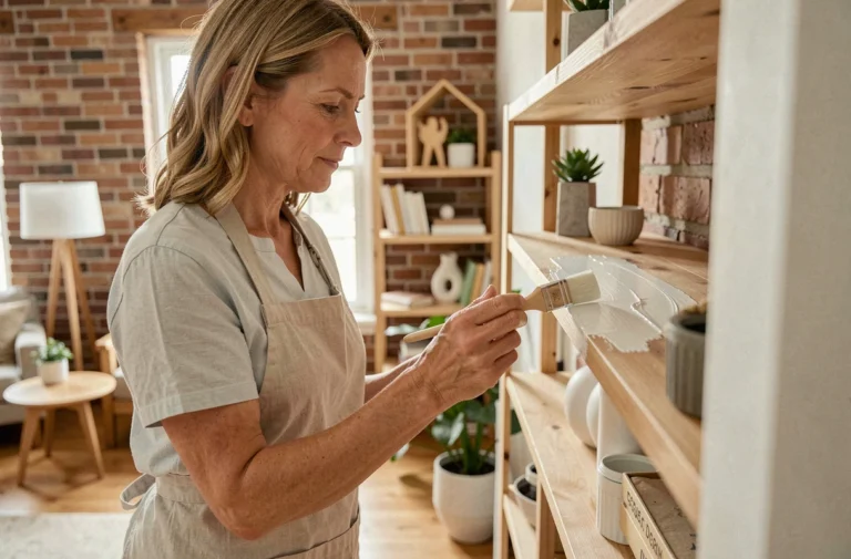 Femme appliquant de la peinture blanche sur une étagère en bois dans un salon décoré avec soin