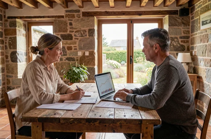 Deux conseillers en investissement discutant d'un projet immobilier responsable dans une longère bretonne rénovée