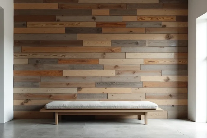 Mur accent en bois de réemploi avec planches irrégulières patinées dans un salon nordique contemporain