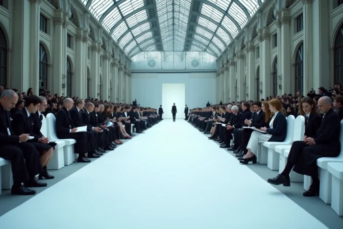 Vue grand angle d'un défilé Chanel dans une salle parisienne avec rangées de chaises blanches et photographes en attente