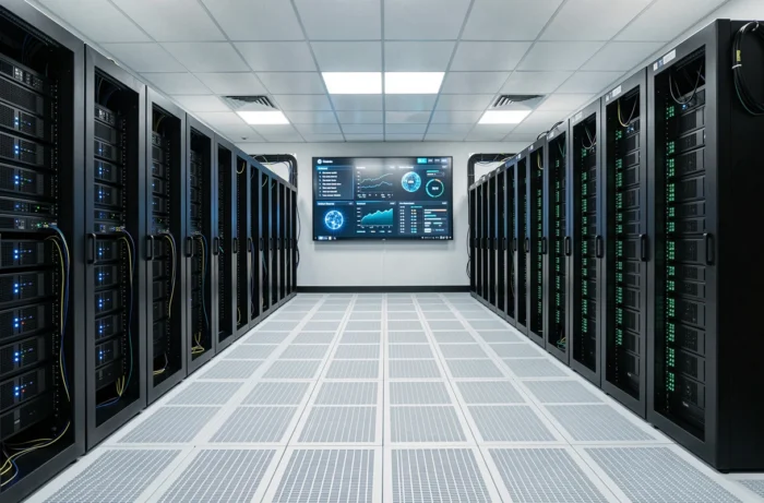Salle de serveurs dédiée aux opérations blockchain et à l'intelligence artificielle avec des écrans de données en temps réel