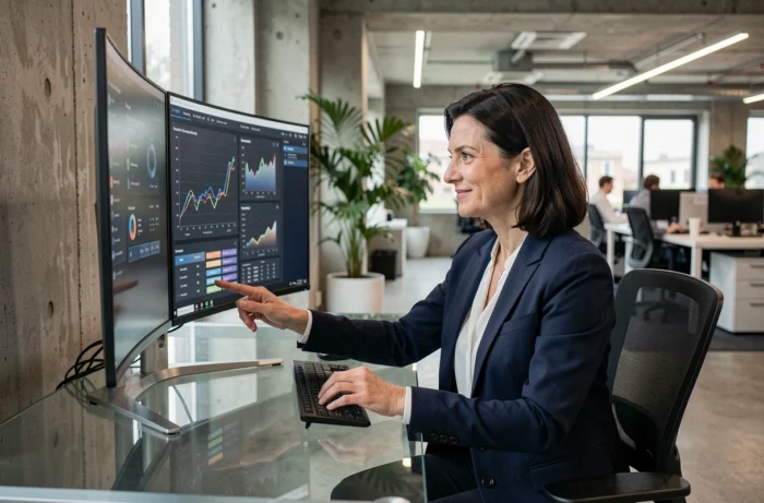 Femme professionnelle analysant un tableau de bord digital personnalisé pour optimiser la croissance de son entreprise