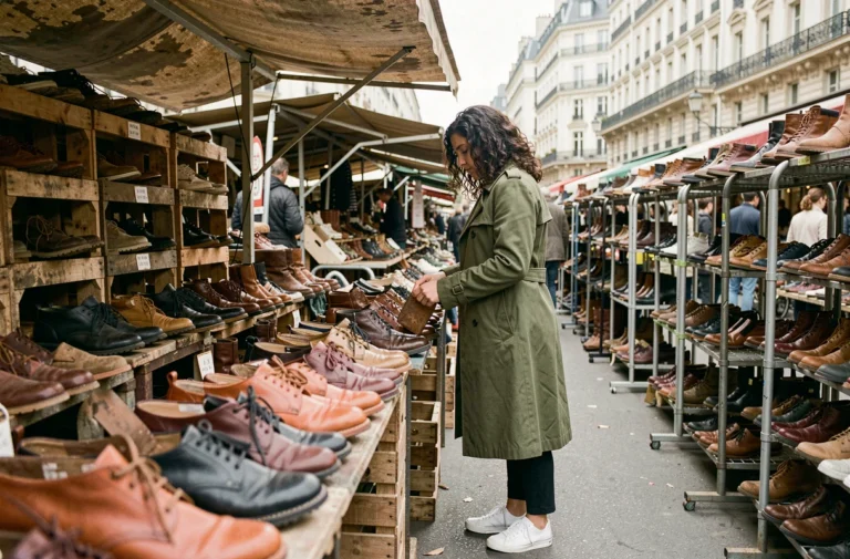Femme parcourant des chaussures vintage dans un marché aux puces de Clignancourt à Paris