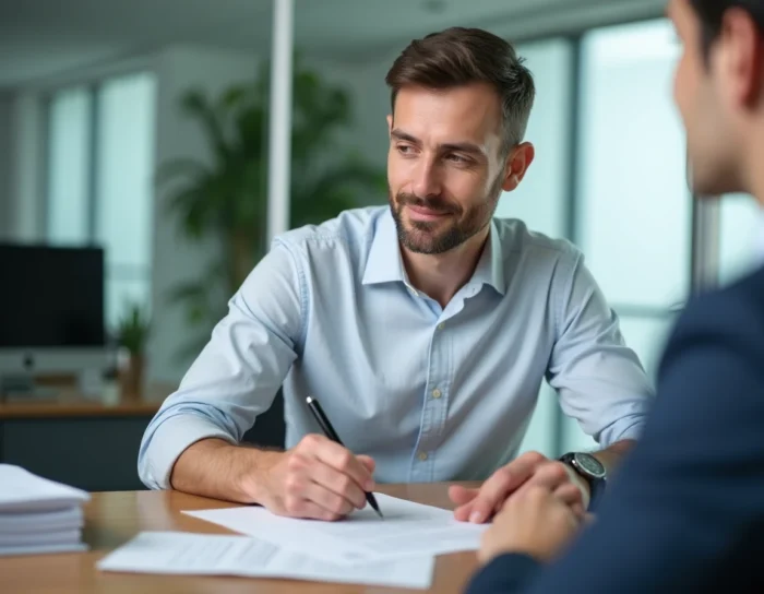 Homme signant un contrat de prêt immobilier avec un conseiller bancaire dans un bureau professionnel
