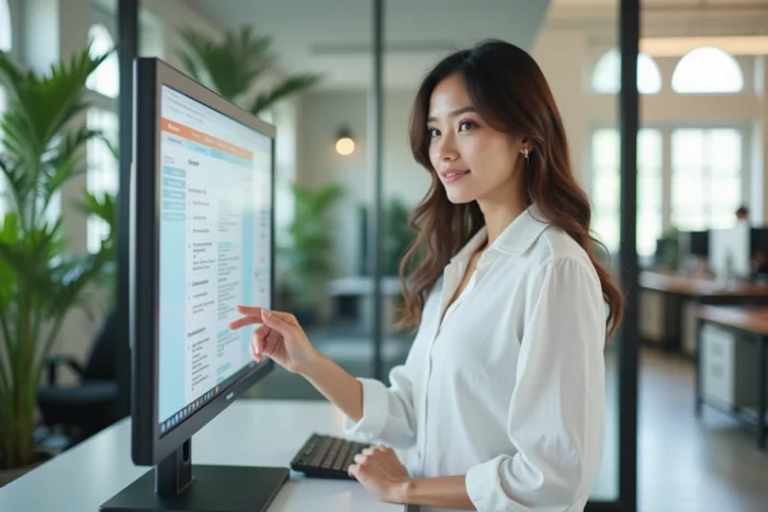 Jeune femme utilisant un CMS sur ordinateur tactile pour simplifier la gestion de son site web