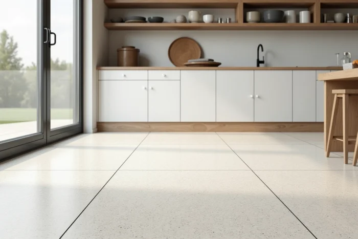 Sol en grès cérame effet terrazzo dans une cuisine nordique minimaliste avec cabinetry en bouleau