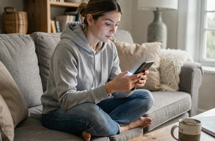 Femme répondant à des sondages rémunérés en ligne sur son smartphone depuis son canapé