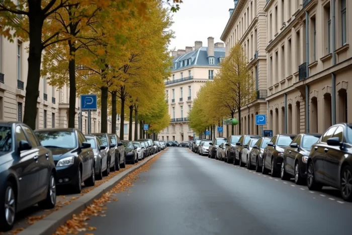 Stationnement gratuit en centre-ville de Valence le long d'une rue avec arbres et façades haussmanniennes