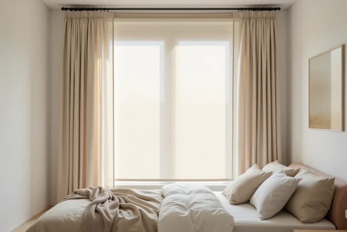 Stores en lin occultant à texture tissée dans une chambre nordique minimaliste filtrant la lumière naturelle
