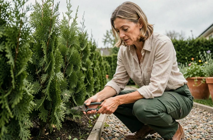 Femme jardinière taillant la base de jeunes thuyas avec un sécateur dans un jardin résidentiel au printemps