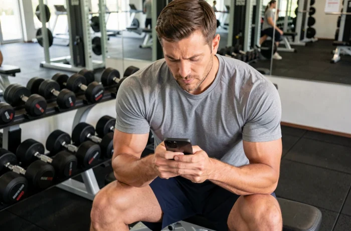 Homme consultant les tarifs et abonnements Basic Fit sur son smartphone dans une salle de musculation