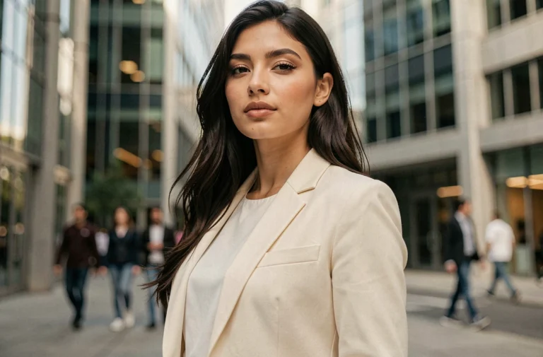 Portrait éditorial d'une jeune mannequin confiante en veste crème dans un environnement urbain moderne, illustrant le parcours inspirant de Tatiana Shaykhlislamova
