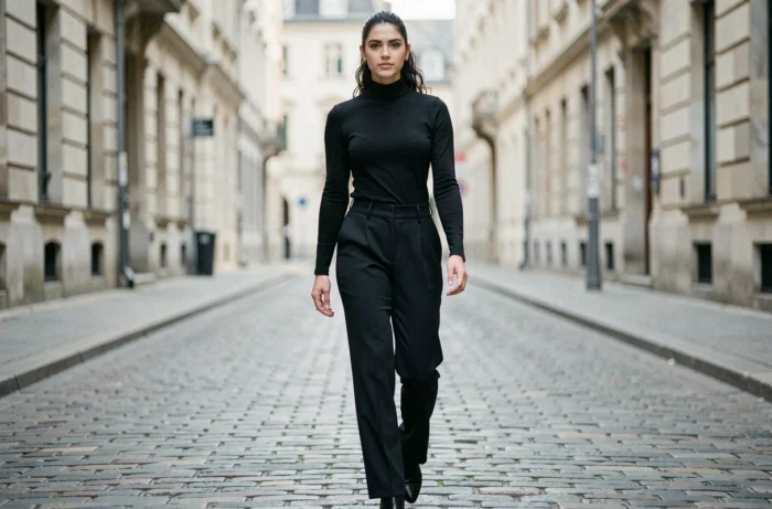 Mannequin en tenue élégante marchant dans une rue pavée européenne, illustrant le parcours professionnel et la personnalité affirmée de Tatiana Shaykhlislamova