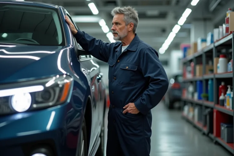 Technicien automobile professionnel inspectant une voiture dans un garage de détailing spécialisé Autofantom
