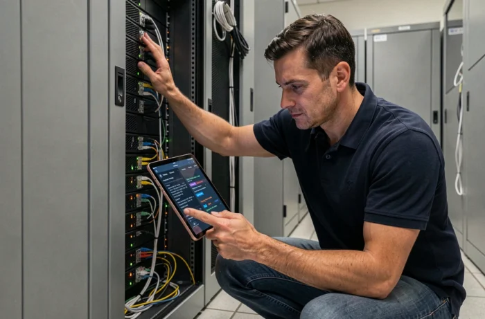Technicien informatique vérifiant les journaux de connexion sur une tablette dans une salle serveur pour diagnostiquer une panne de service web