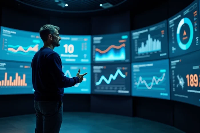 Homme présentant des tableaux de bord d'intelligence artificielle sur un mur d'écrans dans une salle de contrôle high-tech