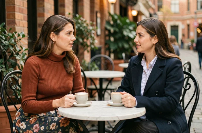 Deux femmes élégamment habillées selon les dernières tendances mode assises à la terrasse d'un café parisien en automne