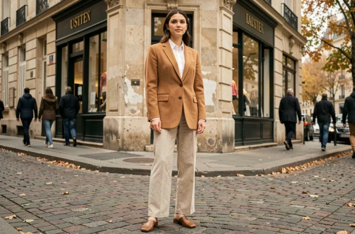 Femme élégante portant un blazer camel oversize et un pantalon large écru dans une rue pavée parisienne, tendances mode automne