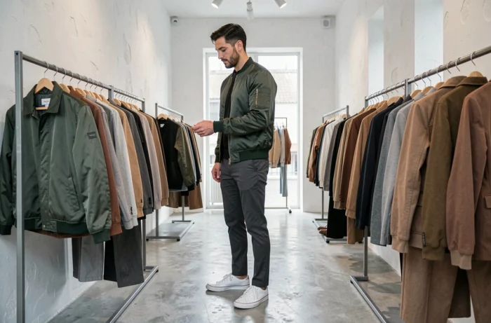 Homme en veste bomber vert forêt et chinos gris dans une boutique de mode contemporaine minimaliste, tendances mode masculine saison