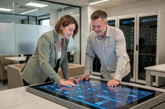 Deux professionnels collaborant sur une table tactile interactive avec des données analytiques dans un laboratoire d'innovation technologique