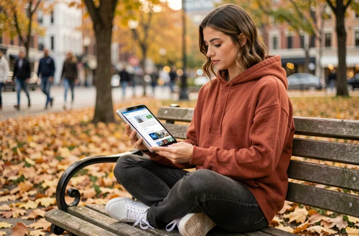 Jeune femme consultant les actualités du web sur une tablette dans un parc urbain en automne