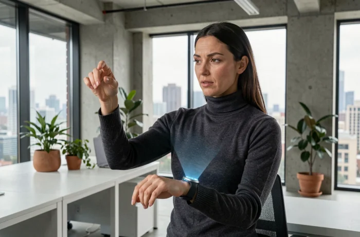 Femme utilisant une interface en réalité augmentée via une smartwatch dans un bureau technologique moderne en 2024