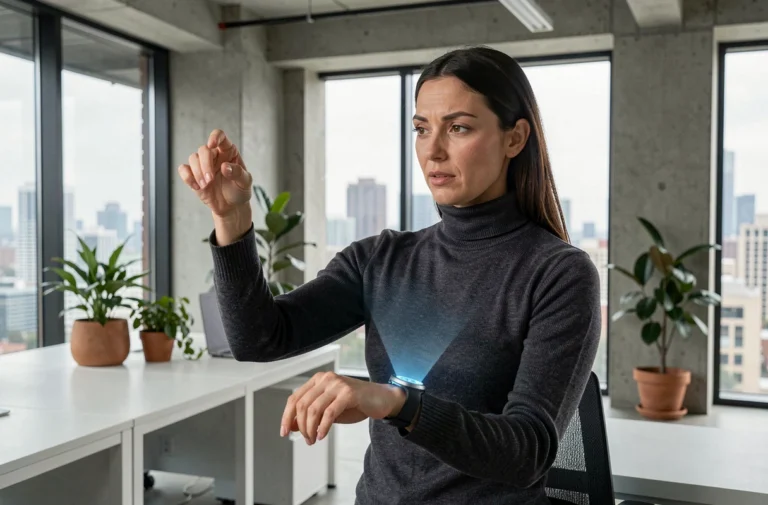Femme utilisant une interface en réalité augmentée via une smartwatch dans un bureau technologique moderne en 2024