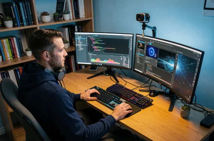 Homme travaillant sur plusieurs écrans avec intelligence artificielle et outils numériques dans un bureau à domicile moderne