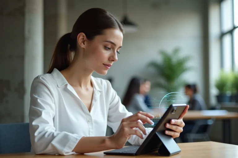 Femme professionnelle utilisant un smartphone pliable dans un bureau technologique moderne en 2024