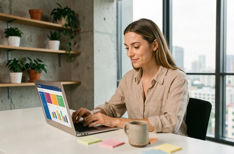 Femme travaillant sur un ordinateur portable affichant des tableaux de bord web dans un bureau moderne minimaliste