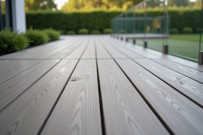 Terrasse en lames composites larges posées à joints décalés dans un jardin contemporain