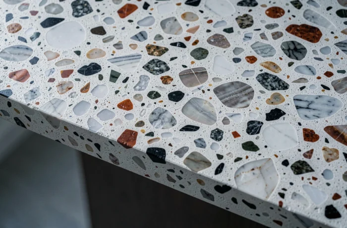 Dessus de meuble en terrazzo coulé maison, avec agrégats de pierre multicolores incrustés dans un ciment gris-blanc