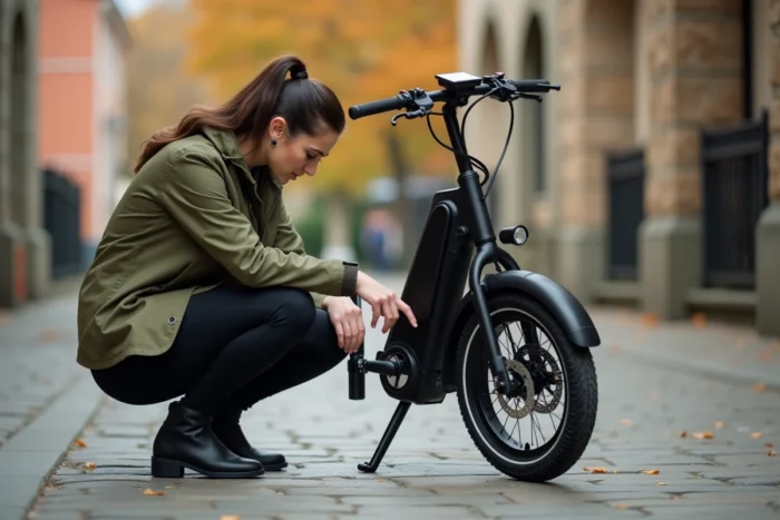 Femme inspectant l'écran tactile d'une draisienne électrique sur une place pavée en ville, test et évaluation d'un modèle électrique urbain