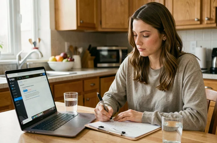 Femme testant un site internet et prenant des notes sur une tablette depuis sa cuisine