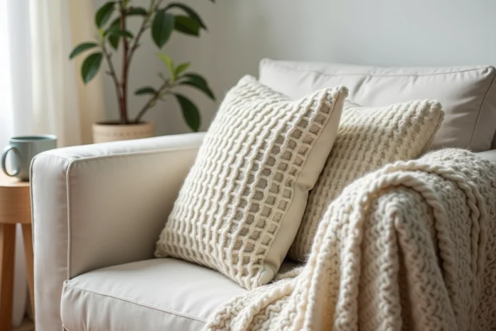 Superposition de textiles en laine bouclée et coton gaufré sur un canapé en lin dans un salon scandinave