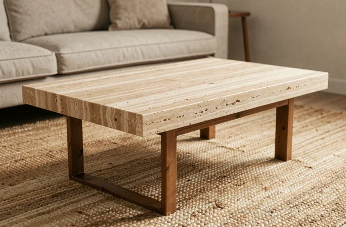 Table basse avec plateau en travertin récupéré aux veines naturelles et teintes ivoire, posé sur des pieds en métal brut