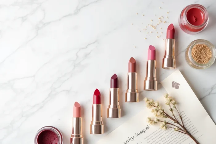 Gros plan de tubes de rouge à lèvres ouverts sur marbre blanc avec ingrédients cosmétiques, composition beauté éditoriale